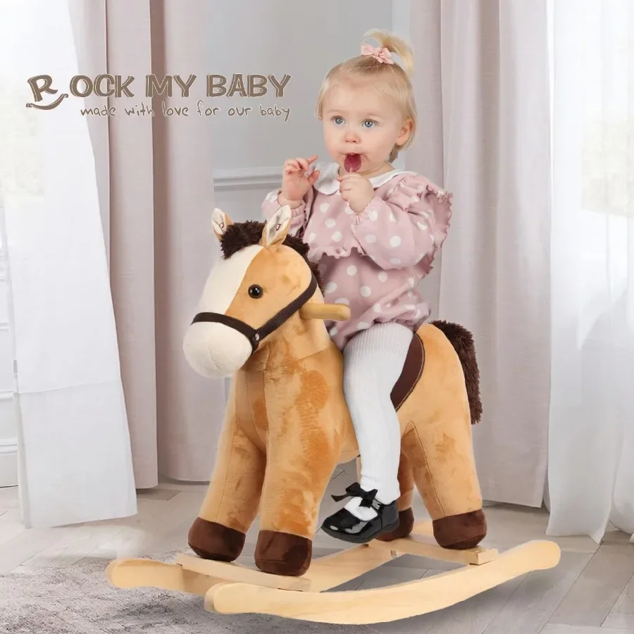 Rocking Horse Rocking Animal with Realistic Sound Stuffed Rocker for Toddlers 18M+ Soft Filling Ride on Pony Light Brown Horse