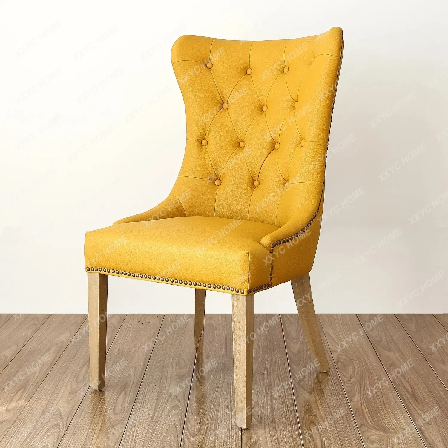 

Hot sales high-end leather art dining chair solid wood buckle cafe chair pastoral leisure armless desk chair