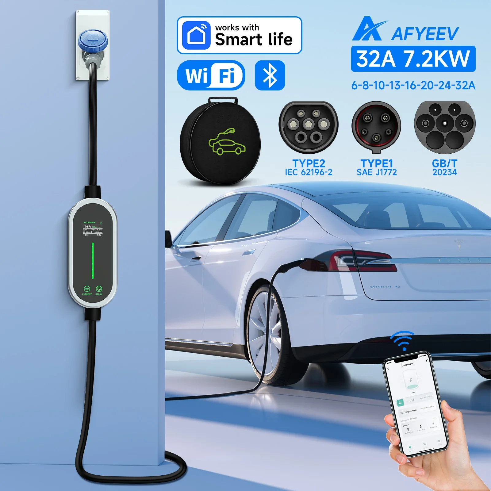 AFYEEV 7.2KW 32A Type 2 EV Charger Type1 GB/T EVSE Charging Cable 3-Pin CEE Plug WiFi Bluetooth APP Remote Control 5 Meters