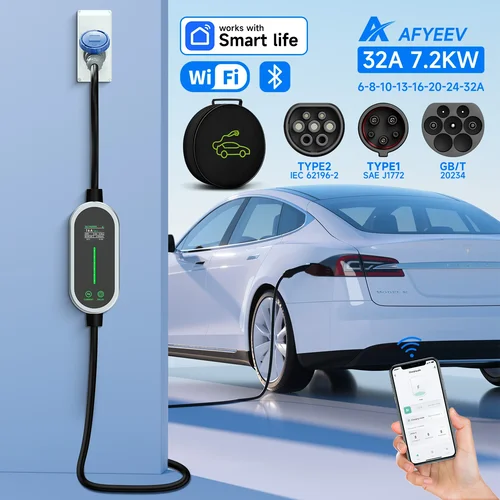 AFYEEV 7.2KW 32A タイプ 2 EV 充電器 Type1 GB/T EVSE 充電ケーブル 3 ピン CEE プラグ WiFi Bluetooth APP リモコン 5 メートル
