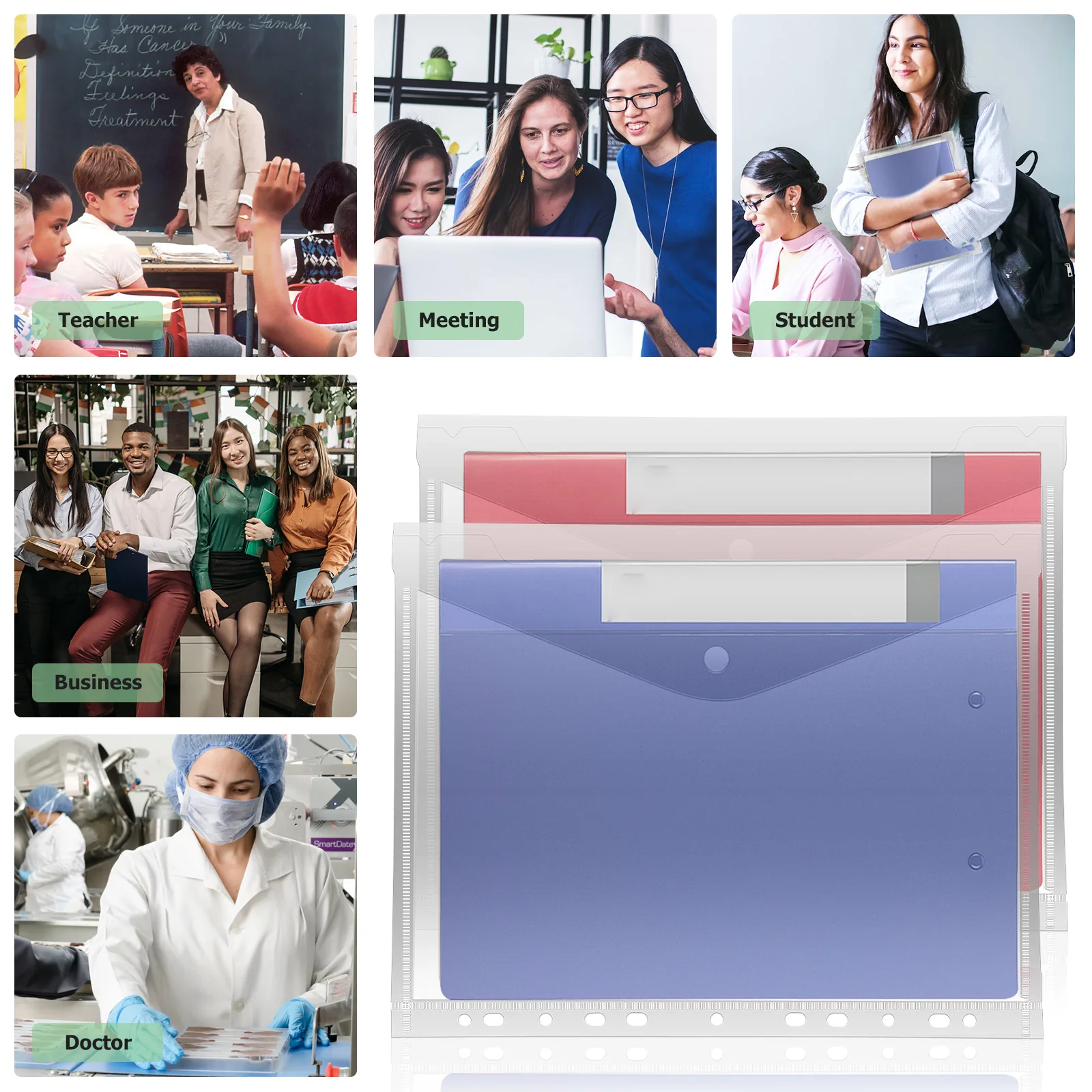 

20 pcs A4 Binder Transparent File Holders Envelope Pp Storage Pouch Office School Clear Document Envelopes Snap Button 11 Holes
