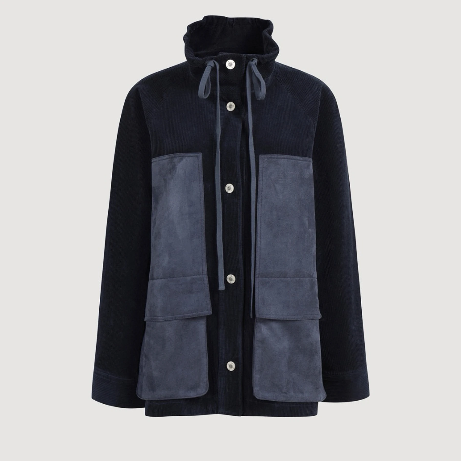 Lemon Cheese LUC26 Veste Courte Décontractée pour Femme, Style Printemps, Vêtement de Travail, en Velours Côtelé avec Patchwork en Daim et Multi-poches