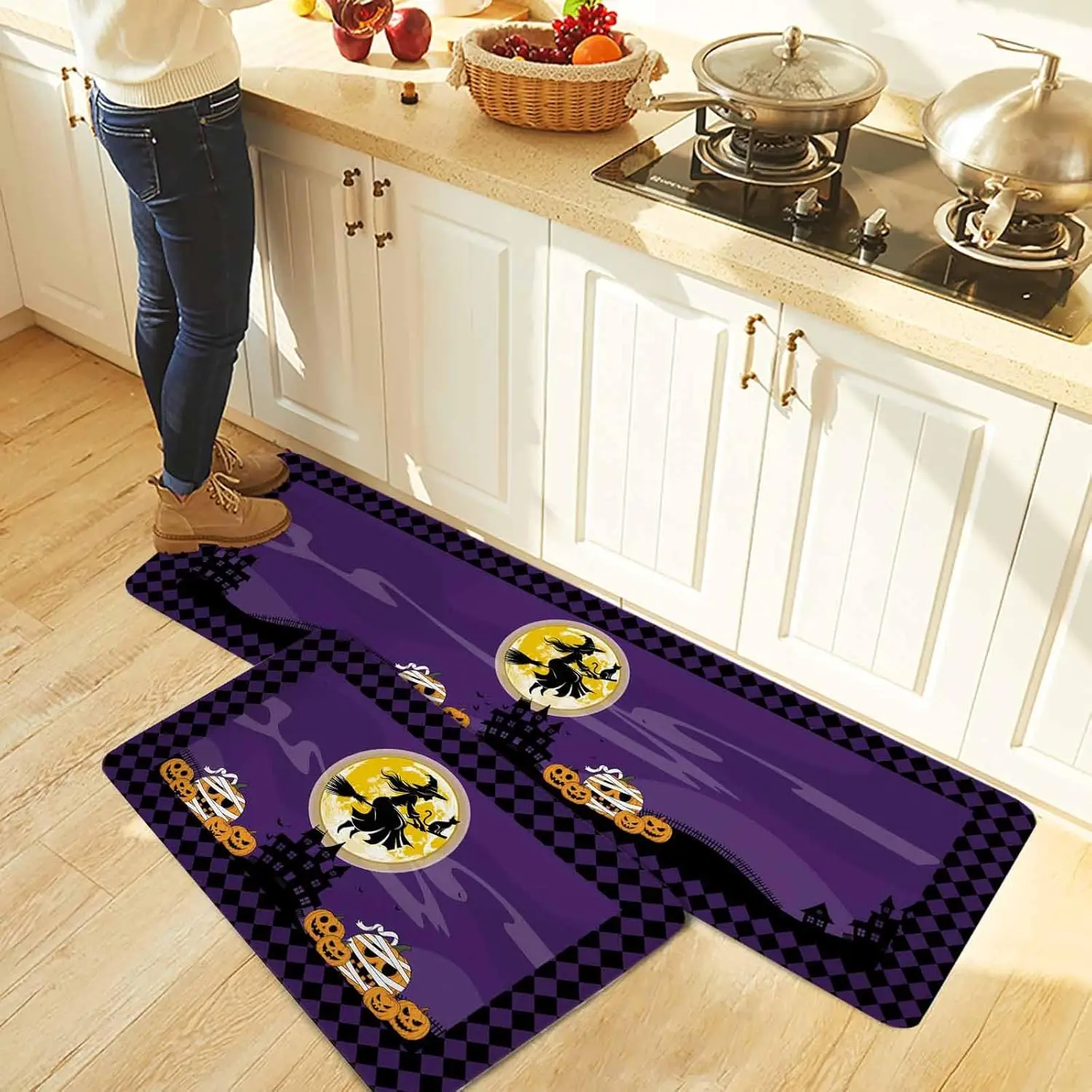 Halloween Kitchen Mat Halloween Witch Moon Haunted House Non-slip Rug Entrance Door Mat Balcony Hallway Bathroom Floor Mat Decor