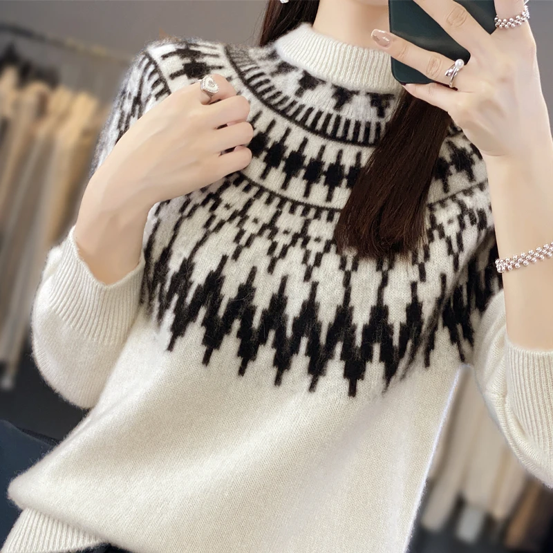 Women New Wool Blend Sweater Half-high Collar Jacquard ​Pullover Autumn Winter Bottoming Shirt Casual Warm Knitting Tops