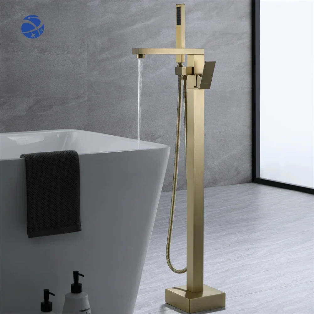 Original brand newBrushed Gold Freestanding Faucets Floor Stand Bath Tap With Handheld Shower