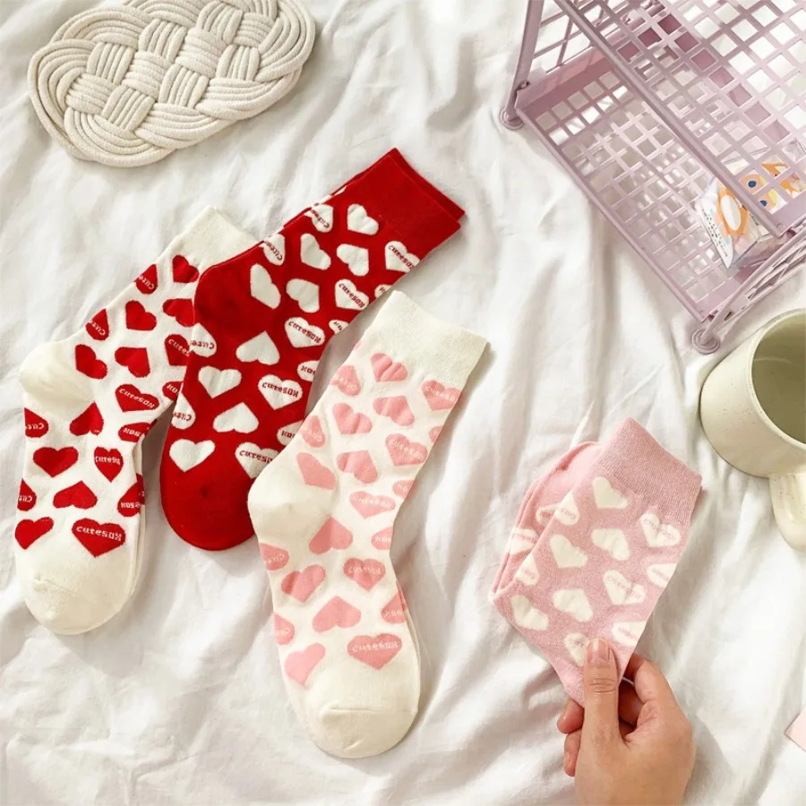 4 Pairs of Random Combination Couple Mid-Tube Socks, Love Heart Letter Mid-Tube Socks, Preppy Style, Sweet And Versatile