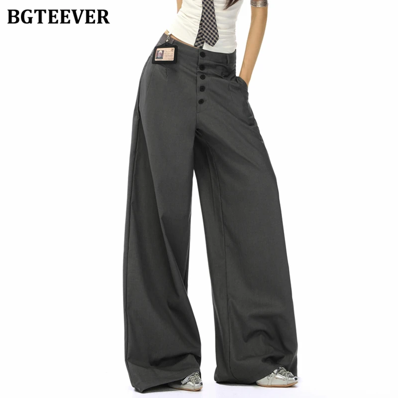 

BGTEEVER винтажные свободные женские костюмные брюки на пуговицах, стильные женские широкие брюки с высокой талией и карманами