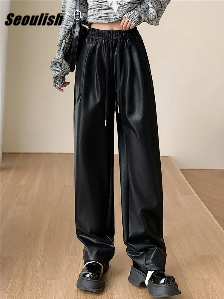 Seoulish Autumn Winter Women's PU Leather Pants High Waist Lace Up Wide Leg Full Length Loose Pants Female Classic Trousers 2023