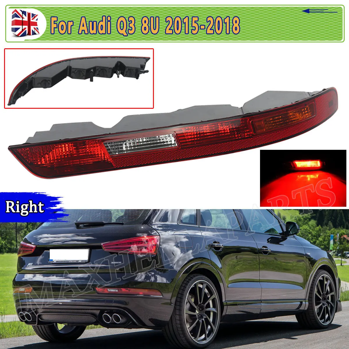 

For Audi Q3 Rear Bumper Reflector Stop lamp 8UB 8UG 2015 2016 2017 2018 Brake Tail Light Right Side signal light Plug and Play