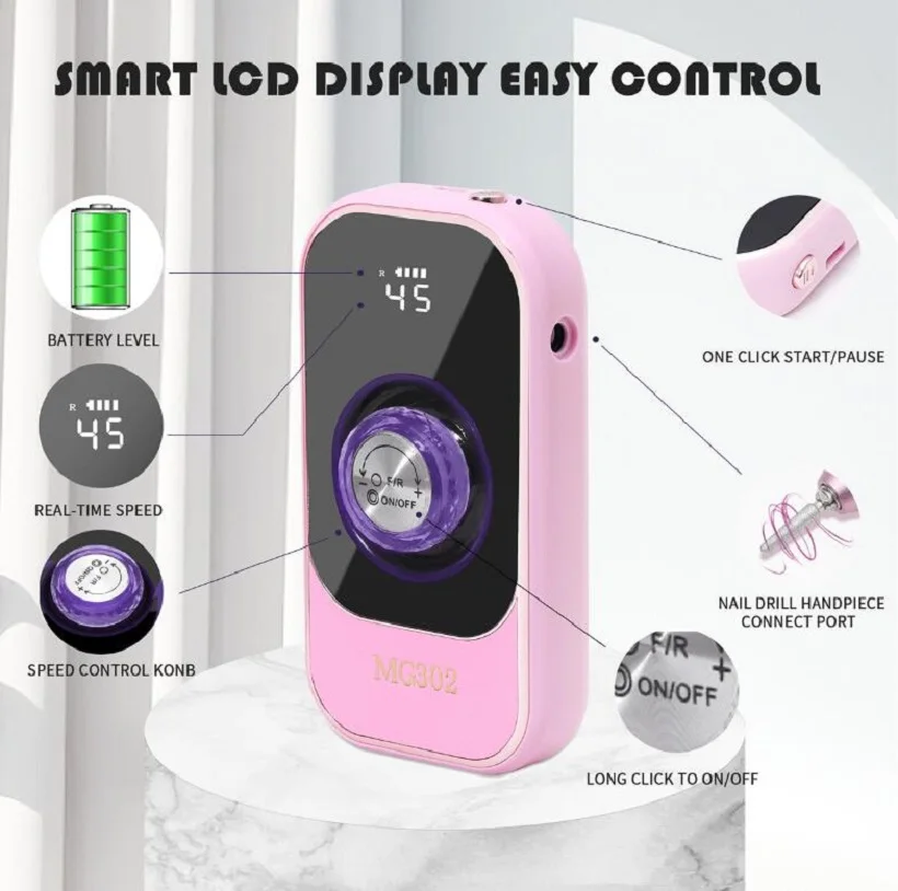 เครื่องขัดไฟฟ้าไร้สาย 45000RPM พร้อมดอกสว่านและฐานสำหรับเล็บอะคริลิคกำจัดเล็บเจลขัดเล็บร้านทำเล็บบ้าน