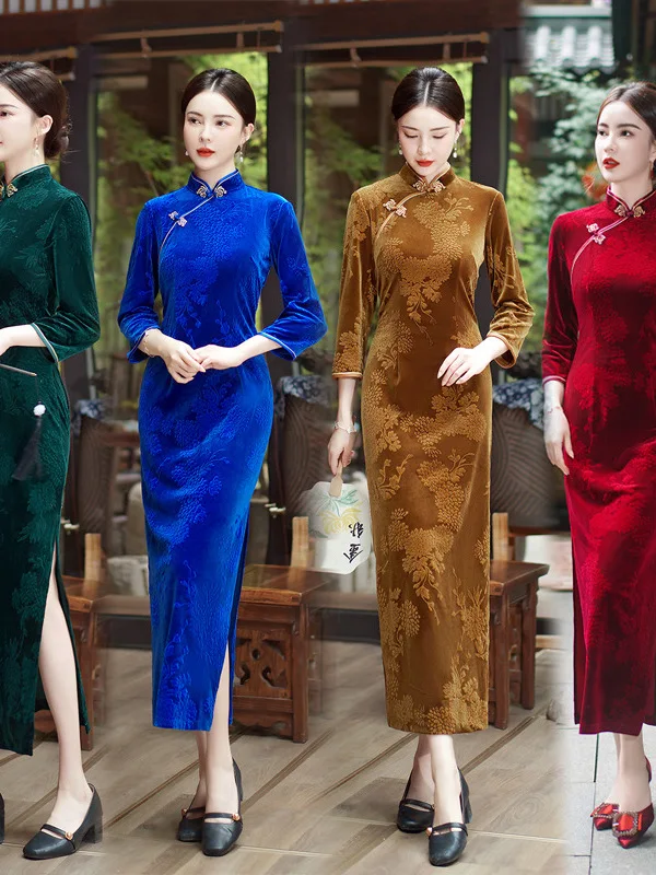 

Slim Fit Long Velvet Qipao Dr Ethnic Sle Low Slit Daily Wear Long Sve Full Length Chinese Faion Women's Dr