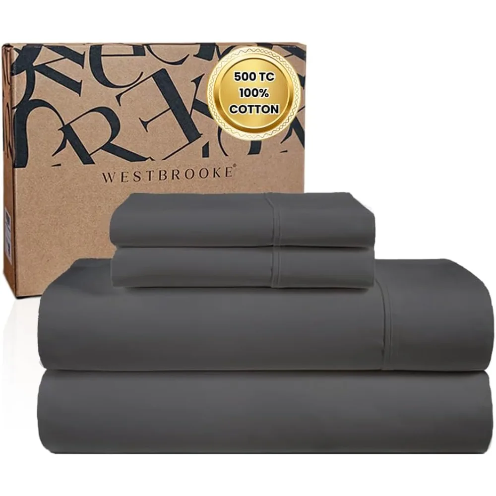 

WESTBROOKE Lush Sateen 100% Cotton Sheet Set | King Size Sateen Sheets - 4 Piece Long Staple Cotton Bedding Set with Elasticized