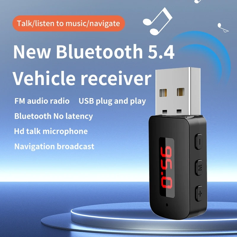 

USB Car Bluetooth5.4 LED Display FM Radio Receiver With Microphone Handsfree Calls Lossless Stereo Wireless Audio Music Adapter