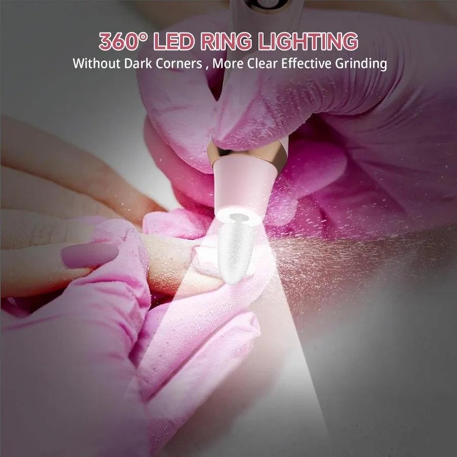 Bezprzewodowa frezarka do paznokci, trwała elektryczna pilarka do paznokci do użytku profesjonalnego i domowego, cicha elektryczna frezarka do paznokci z oświetleniem LED 360°.