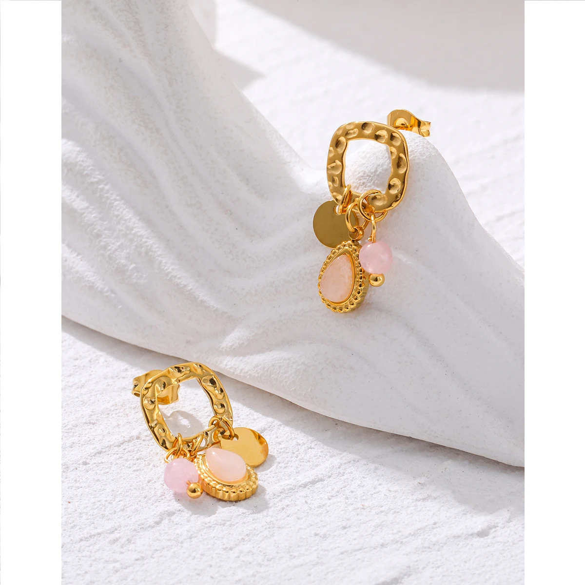 YACHAN 18K Gold Plated Stainless Steel Natural Stone Drop Earrings for Women Chic Cute Pink Charms Tarnish Free Jewelry