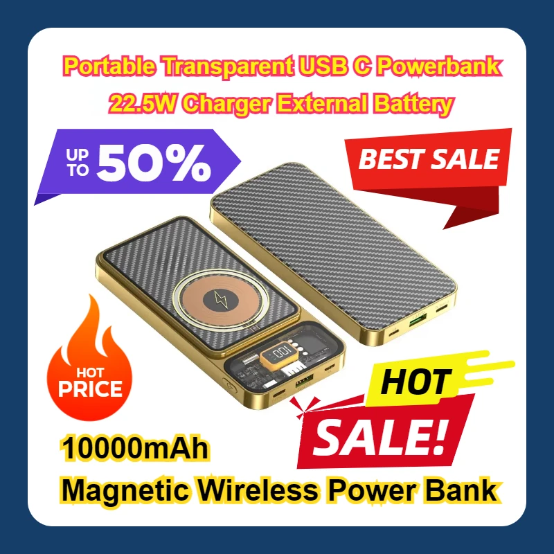 

Portable Transparent USB C Powerbank 22.5W Charger External Battery For IPhone Samsung 10000mAh Magnetic Wireless Power Bank
