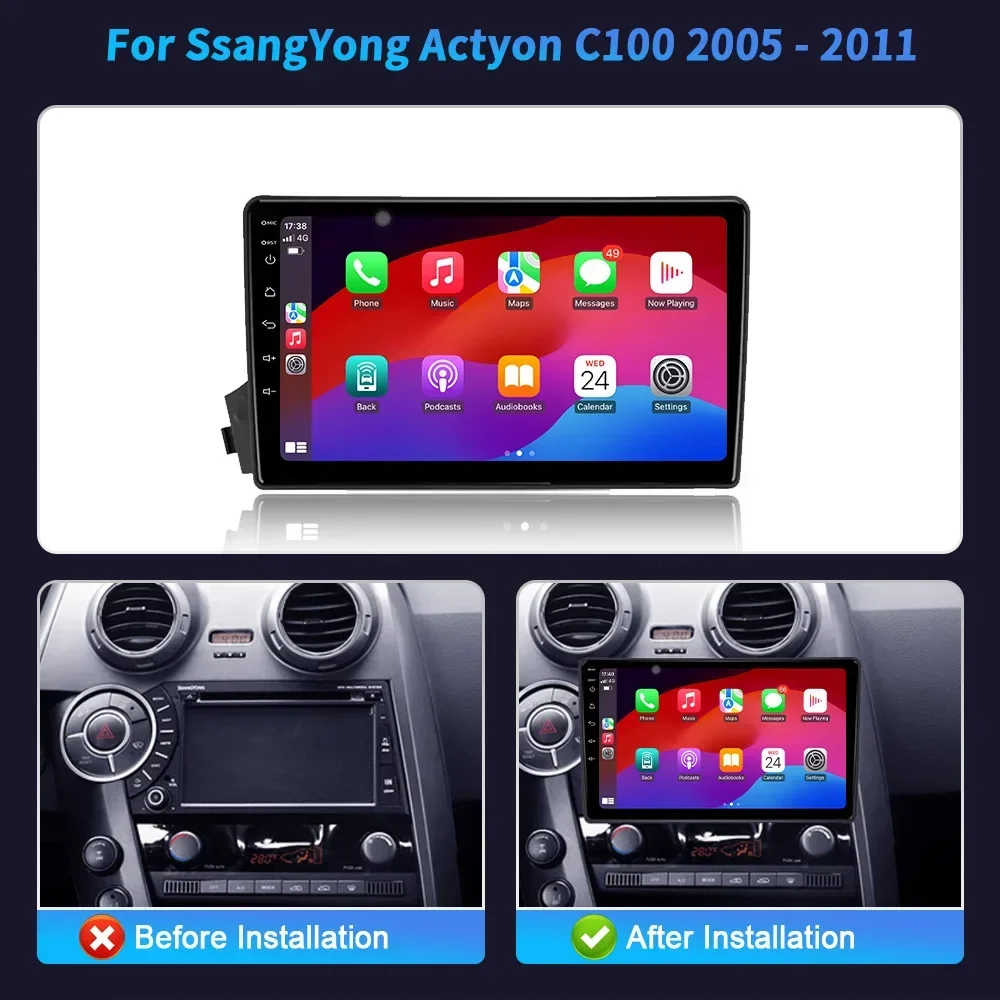 Android 14 Car Radio Multimedia For SsangYong Actyon C100 2005-2011 Video Stereo GPS Navigation Player BT CarPlay Touch Screen