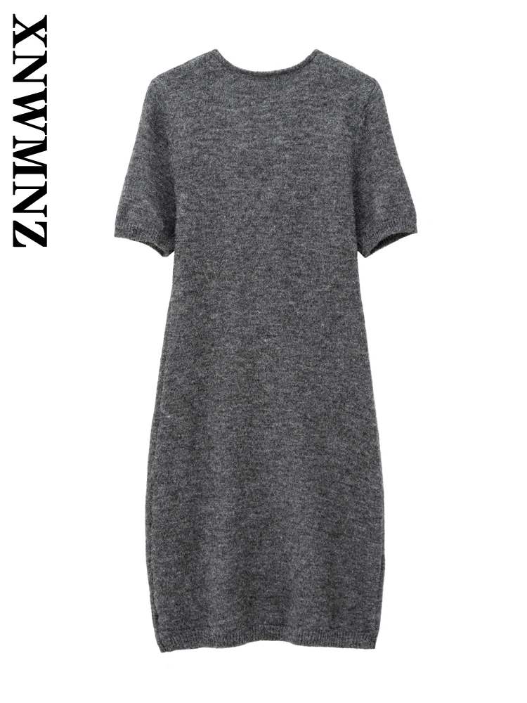 Xnwmnz 2024 mulher casual comprimento longo malha midi saia vestidos na moda mulher com decote em v vestido de manga curta ajuste regular