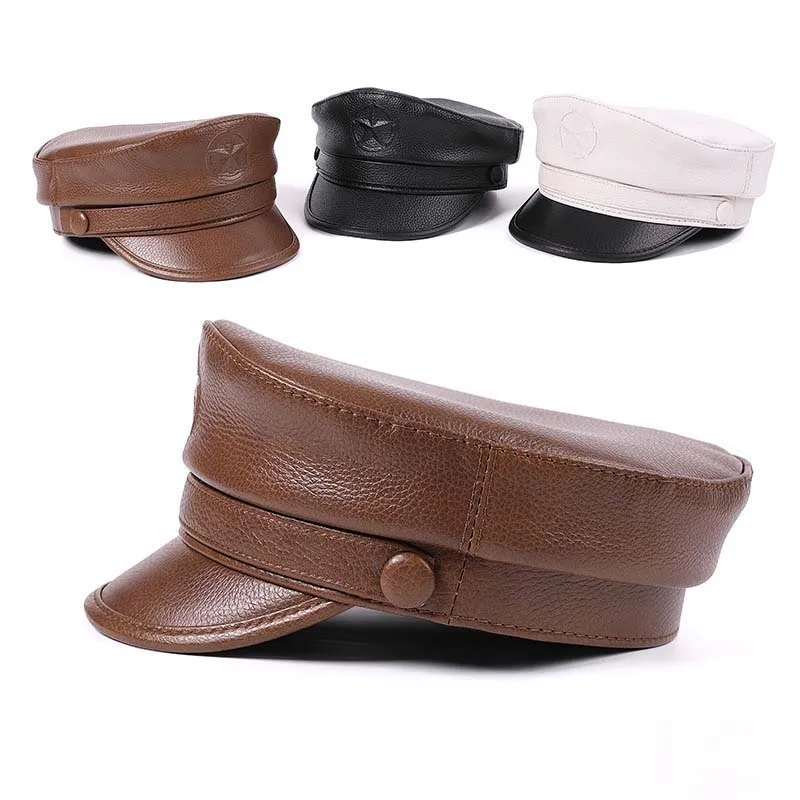

Autumn Winter Cow Genuine Leather Captain Cap Men Beret Cap Retro Fashion Outing Premium Motorcycle Hat Sailor Visor Hat