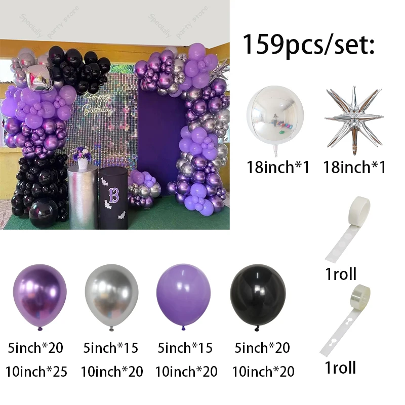 159pcs Wednesday Balloon Garland Arch Kit Black Purple Silver Balloon Family Themed Birthday Party Globos Supplies Decoration