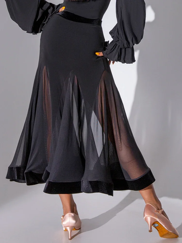 

Новая юбка для латинских танцев, вальс, современные танцевальные юбки для женщин, сетчатая юбка с рыбьей косточкой, костюмы для бальных танцев