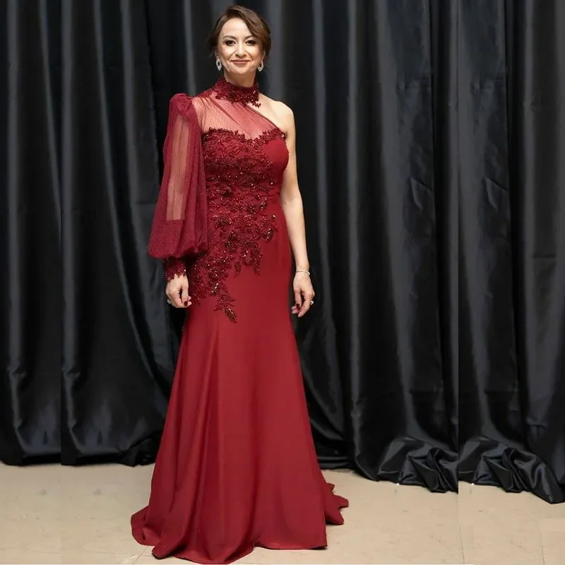 

Elegant Dark Red High Neck Mother of The Bride Dresses Puffy One Shoulder Floor-Length Formal Gowns for Special Occassions