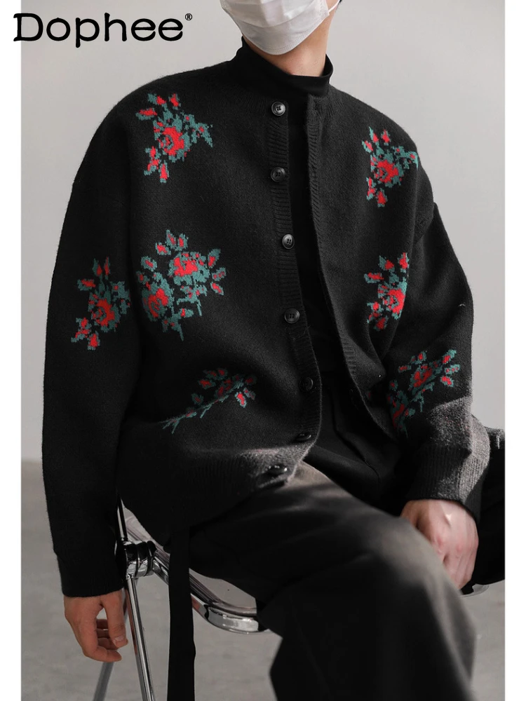 

Мужской осенне-зимний новый модный свободный кардиган с длинными рукавами 2025 года, вязаный свитер, мужские модные жаккардовые куртки-свитера с круглым вырезом