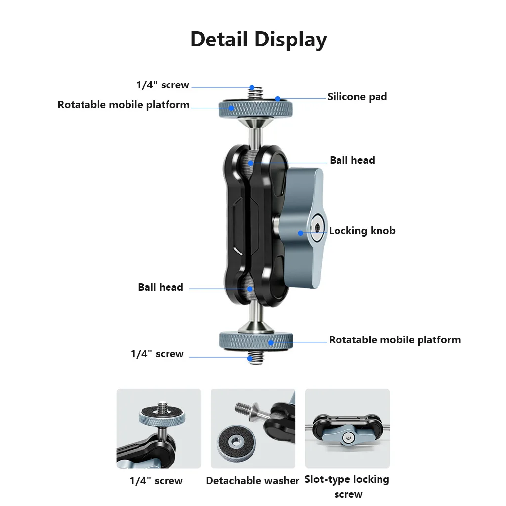 Magic Arm 92-103MM Dual 1/4" Schraube 360° ° Kugelkopf Verstellbarer Gelenkarm für Kamerakäfig Gimbal Stativ Monitor Mikrofon – Detail 23