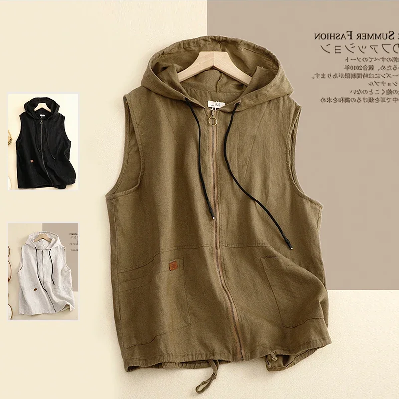 Spring Summer Fashion Women\'s Hooded Vest Female Multi Pocket Cotton Linen Casual Loose Waistcoat Japan Style Vintage Daily Tops