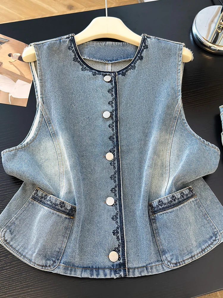 

Heavyweight Embroidered Washed Denim Vest Jacket Large Size Women's Single Button round Neck Sleeveless Vest Shoulder Pad Summer