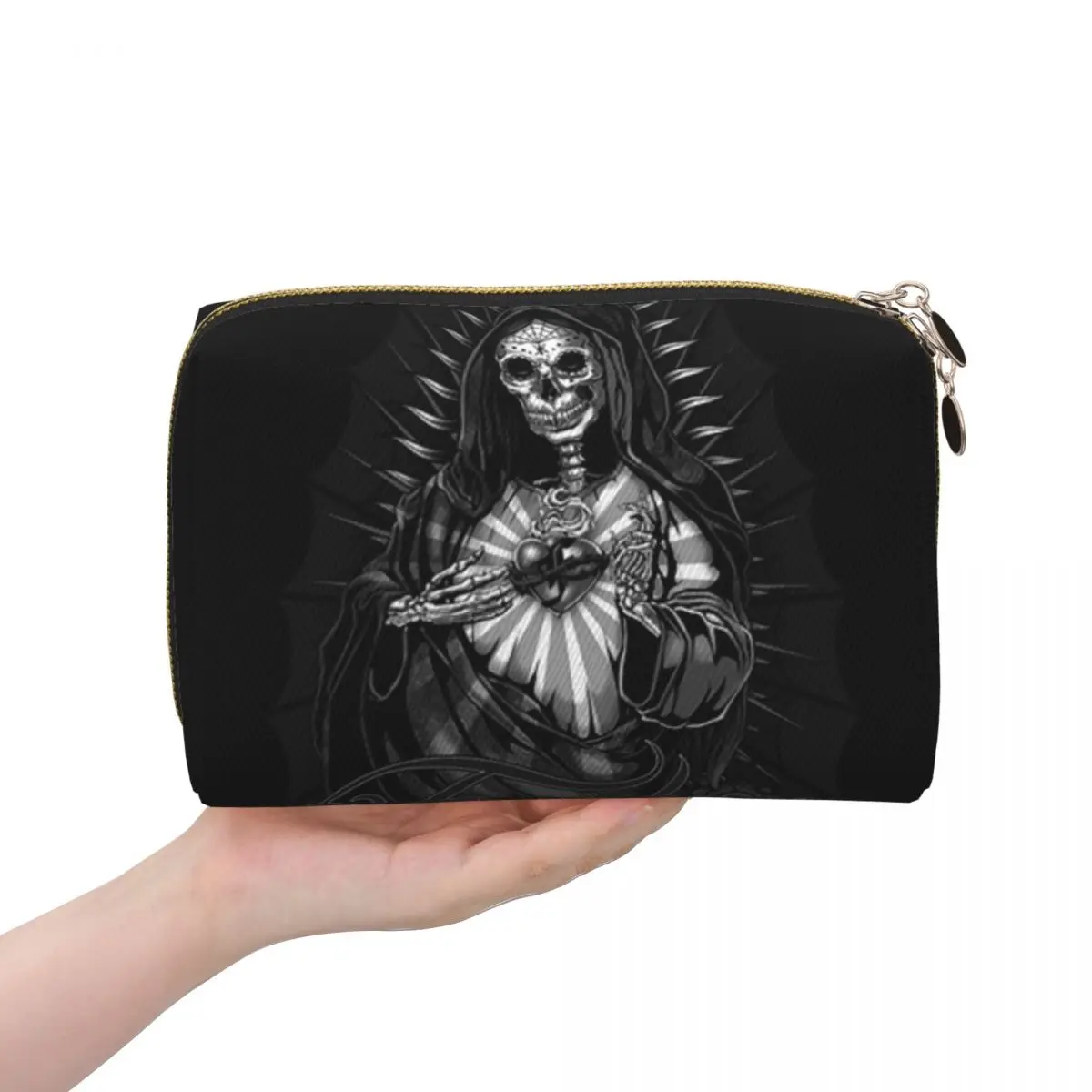 Santa Muerte Spanish Holy Death Women Cosmetic Bag Travel Makeup Organizer Pouch Toiletry Storage Dopp Kit Box