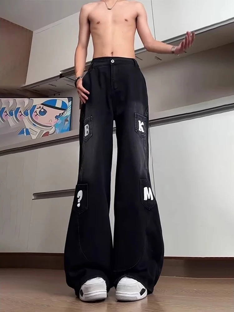 

Bla American High Street Knife Jeans Men's Trendy Letter Wide Leg Workwear Pants Street Sle Loose Fit Straight Tube