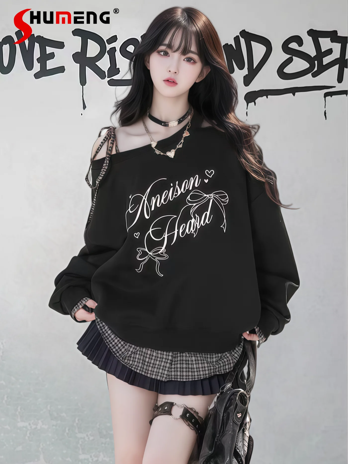 American Fashion Streetwear Lace-up Bow Off-Shoulder Long Sleeve Sweatshirts Women Casual Loose Cool Girl Versatile Shirts Tops