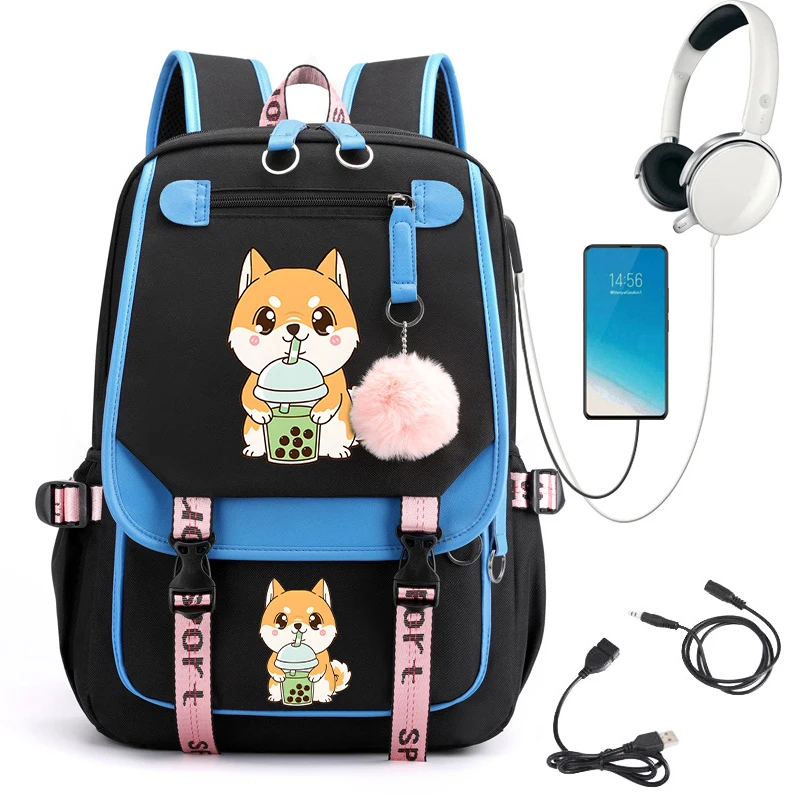 Sac à Dos d'École avec Chargeur USB pour la Rentrée Sв, Cartable Thème Chien Corgi, Love Bubble, Boba Tea, Dessin Animé