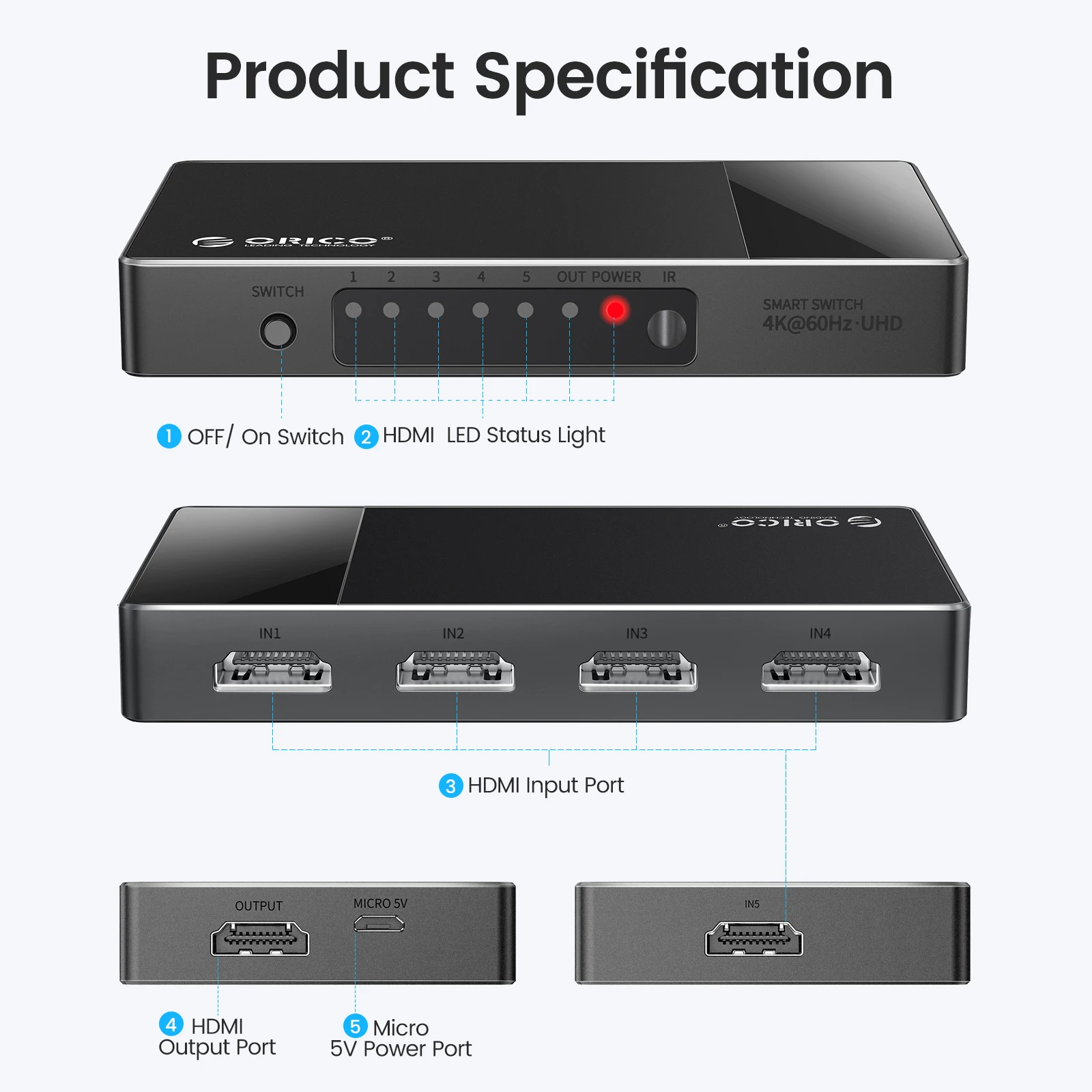 Imagem -05 - Orico-switch 2.0 Compatível com Hdmi com Controle Remoto ir em Saída 4k @ 60hz Switcher Conversor para tv Ps5 Xbox pc Fire Stick