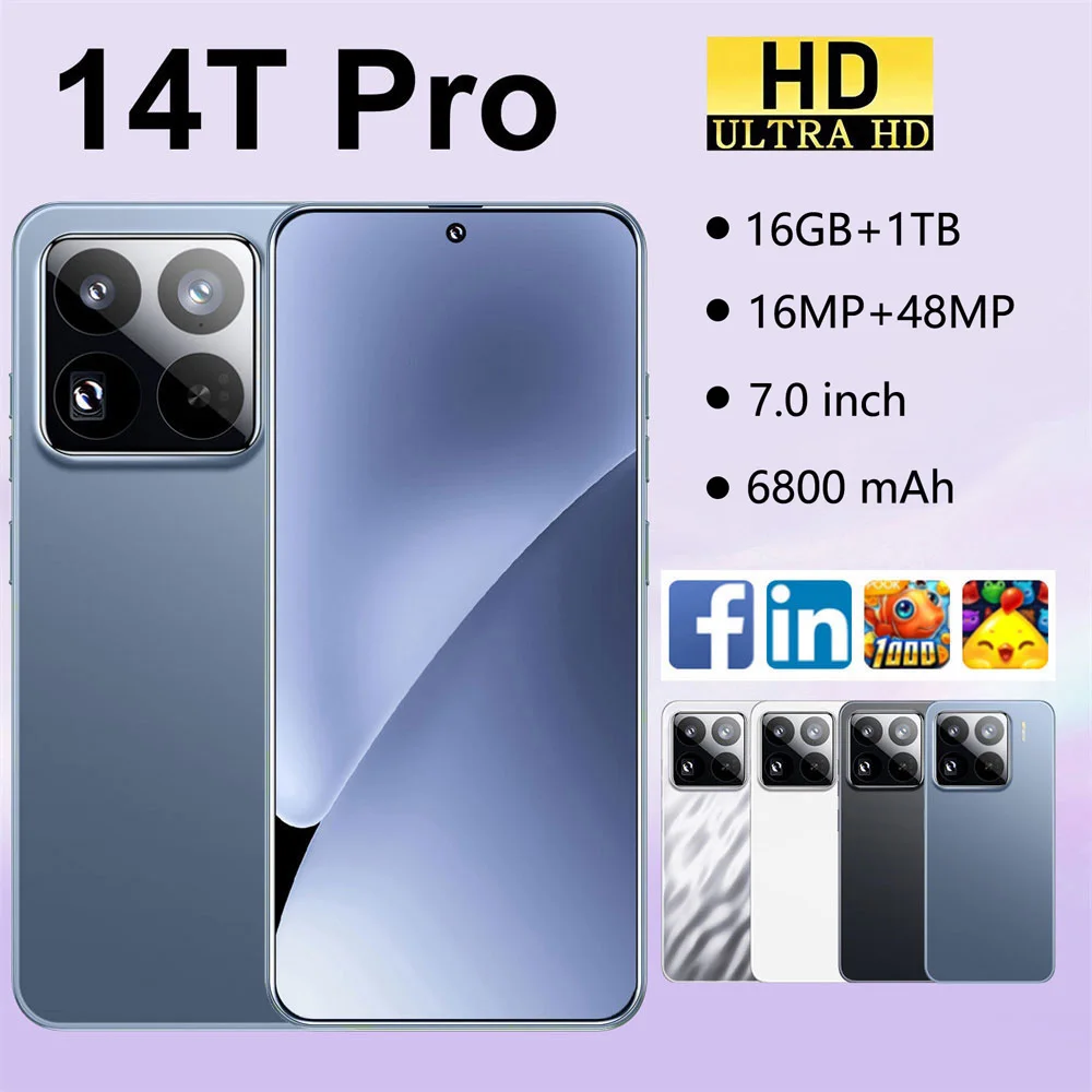 2025 nouveau 14T Pro Smartphone 5G 7.0HD double carte SIM 16G + 1 to téléphone portable téléphones mobiles Android téléphones portables débloqués Version mondiale