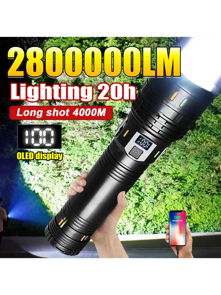 Lampe torche LED haute puissance 2800000LM, lampe torche tactique la plus brillante, torche rechargeable, puissante, longue portée 4000m, lampe pour la chasse