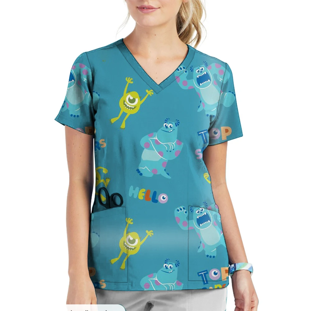 Women Cartoon Disney Toy Story print V-Neck Patched Pocket Medical Scrub Uniforms Nursing Short Sleeve Tops Nursing Surgical Uni