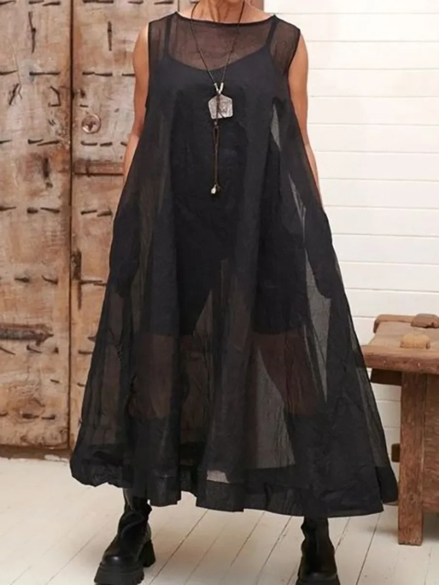 UOOZEE Black Sexy See-Through Cover-Up Midi Dresses For Women 2024 New Fashion Pockets Solid Color Loose Streetwear Dress