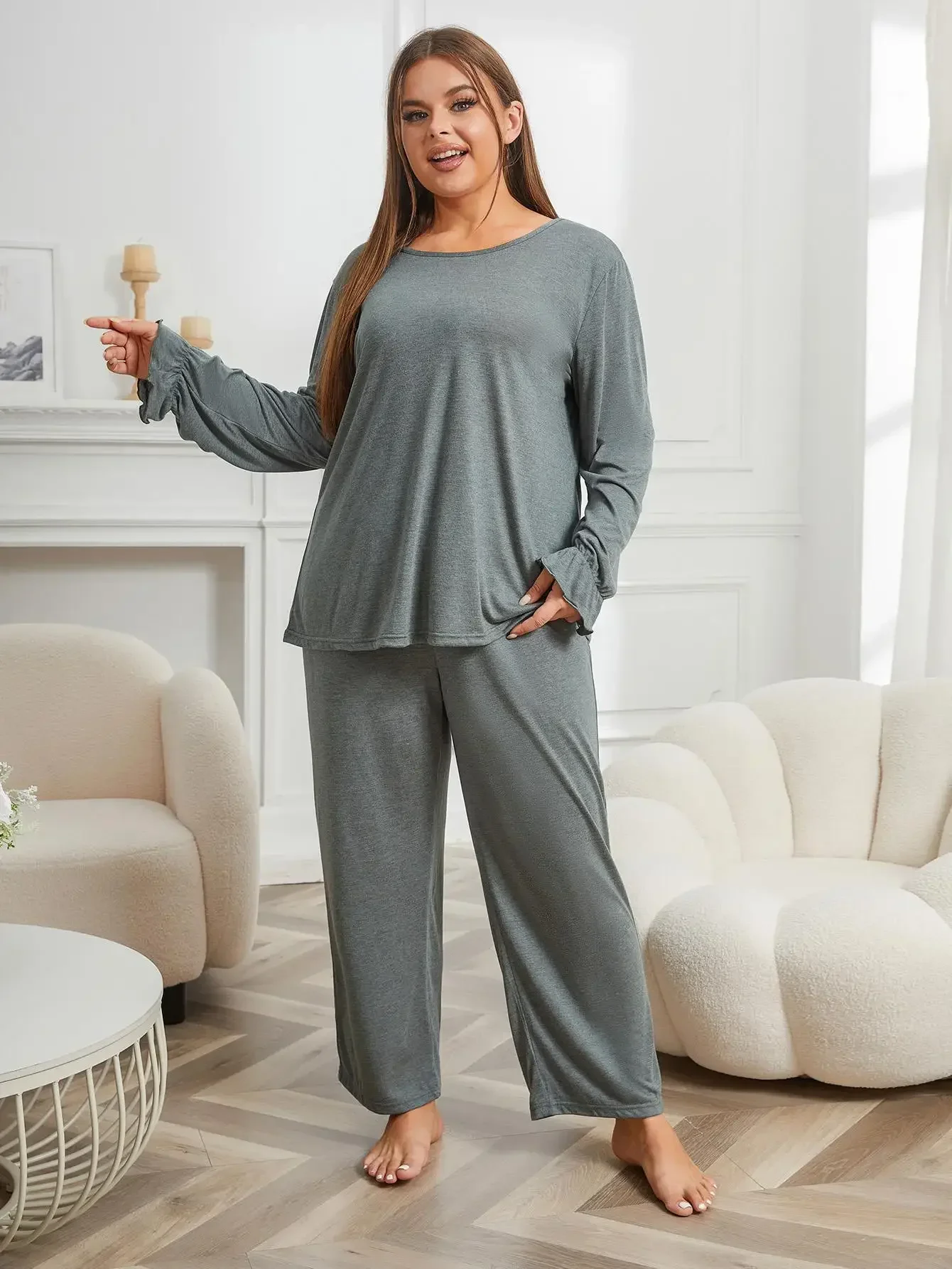 Plus Size Women Pajama Set Solid Long Sleeve Top&Full-Length Pants Female 2 Pieces Sleepwear Ruffle Fall Nightwear Homwear Cloth