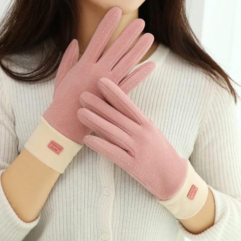 Touch screen caldo invernale da donna più ispessimento interno in velluto Guanti antivento da ciclismo e da guida semplici e alla moda in tinta unita