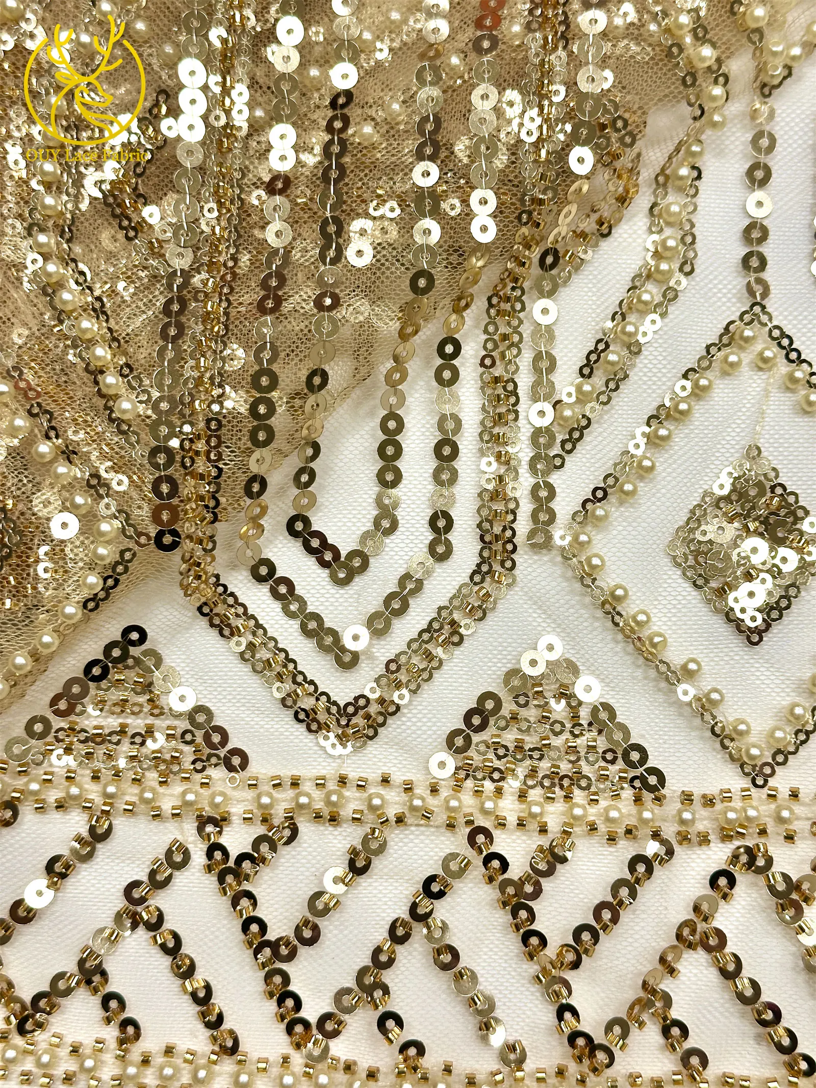 Gold Luxuriöser Afrikanischer Perlen-Spitzenstoff 2026 Hochwertiger Französischer Nigerianischer Mesh-Pailletten-Spitzenstoff für Party-Abendkleider Nähen – Detail 16