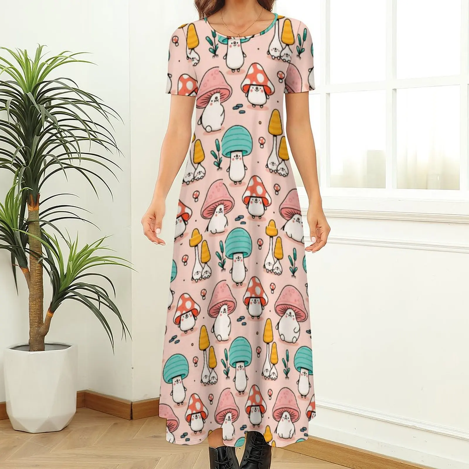 Cute Fantasy Mushroom Dress Cartoon Pink Blue Art Cute Maxi Dress Street Style Boho Beach Long Dresses Lady Short Sleeve Vestido