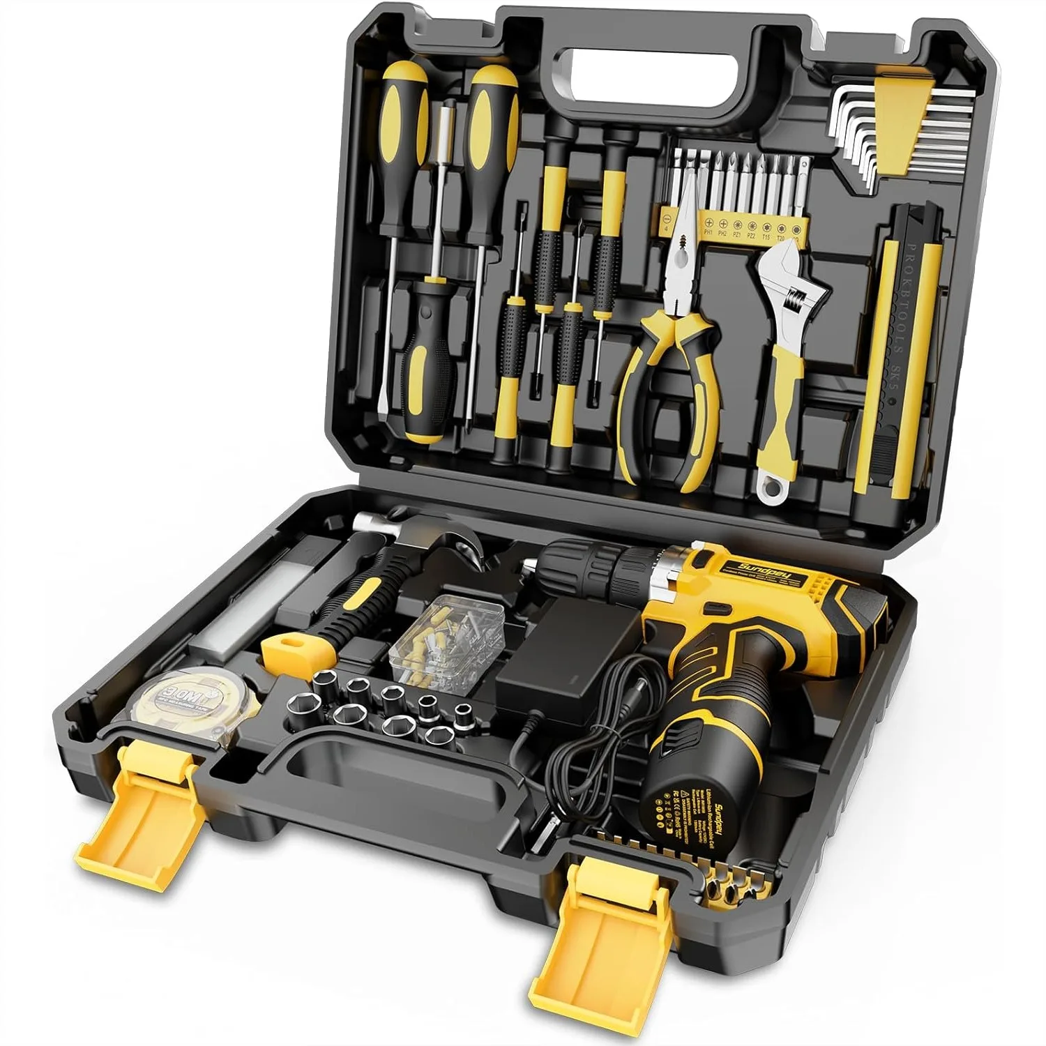 166-Piece Home Tool Kit with 12V Cordless Drill, General Household Repair Set with Battery & Charger in Portable Case