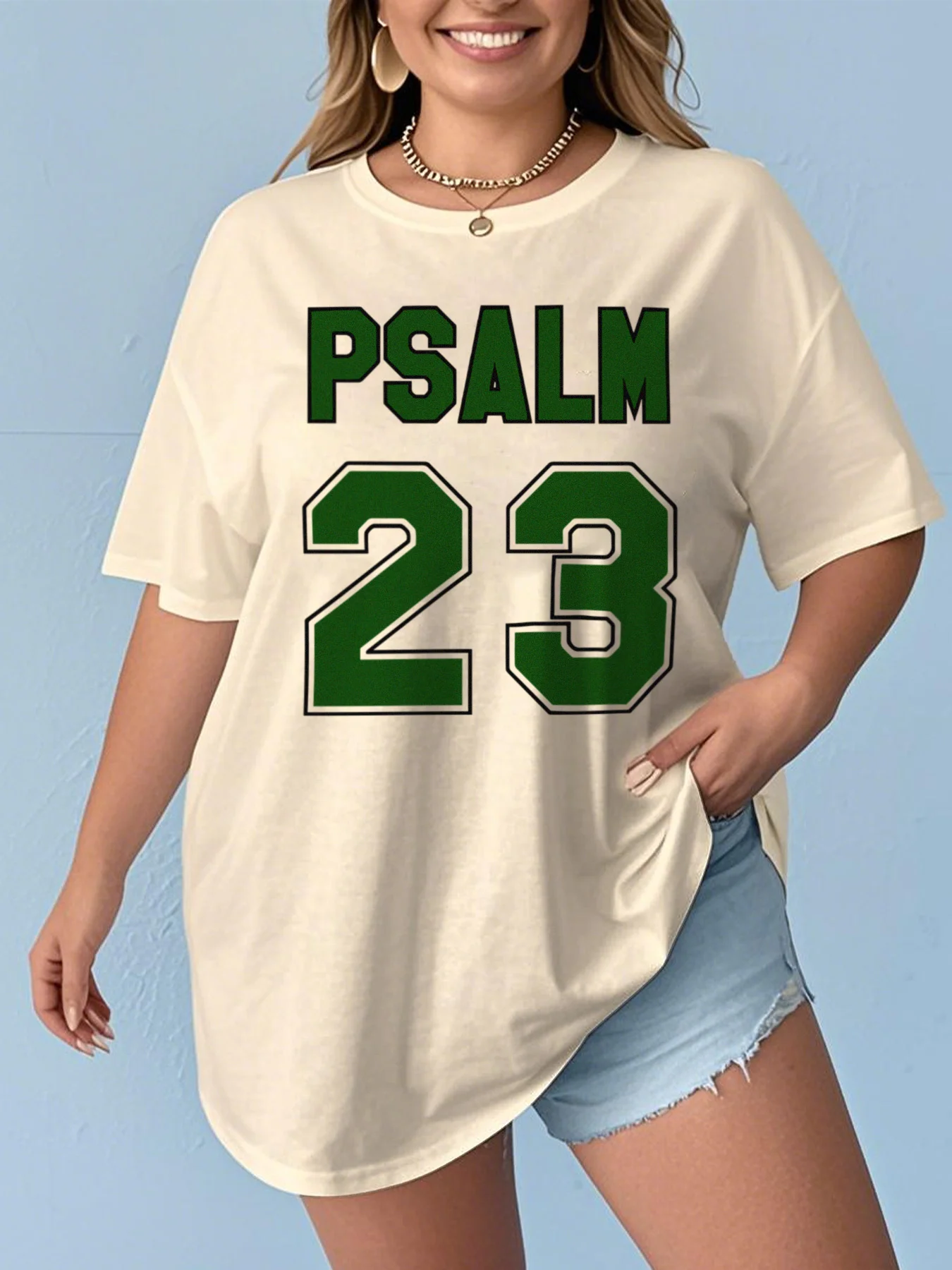 

Женская футболка премиум-класса из джерси Psalm 23, повседневная футболка большого размера с короткими рукавами и круглым вырезом с жирными зелеными надписями, женская одежда