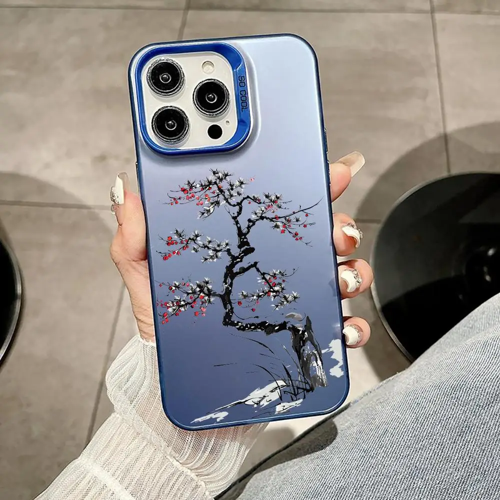 البرقوق بوسوم طلاء حبر جراب هاتف آيفون 11 12 13 14 15 16 17Pro ماكس الهواء زائد ضوء صغير فاخر الراقية الملونة الفضة Ca