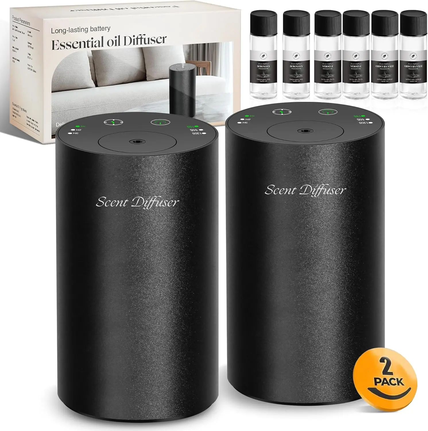 

Waterless Essential Oil Diffuser Kit - Battery Operated, Portable for Home & Car, Includes 3 Oils, Black 2-Pack