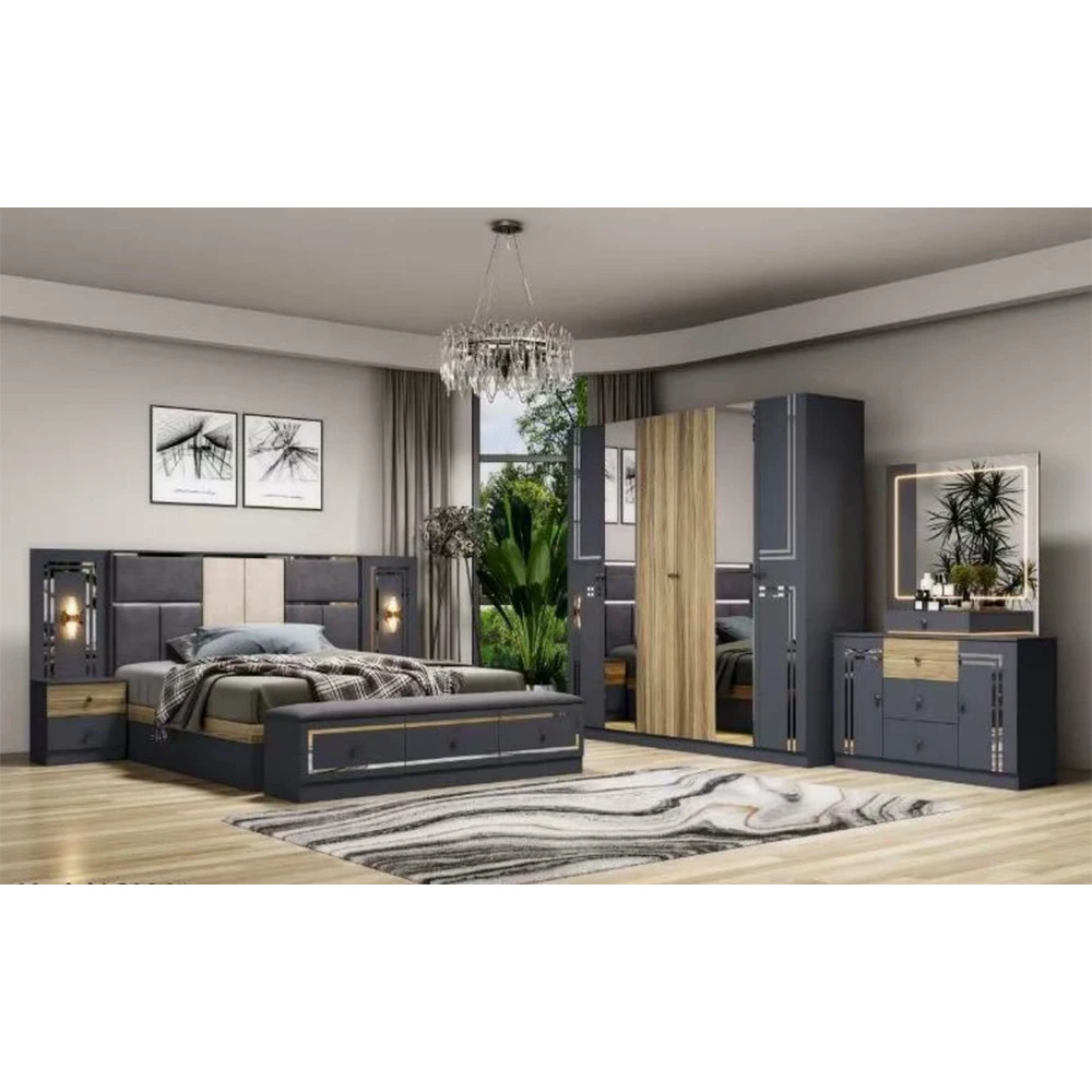 MANBAS Double Bed – Luxury Turkish style Bedroom Set with Latex Mattress, Nightstands,Wardrobe with Mirrored Door,Dresser,Mirror