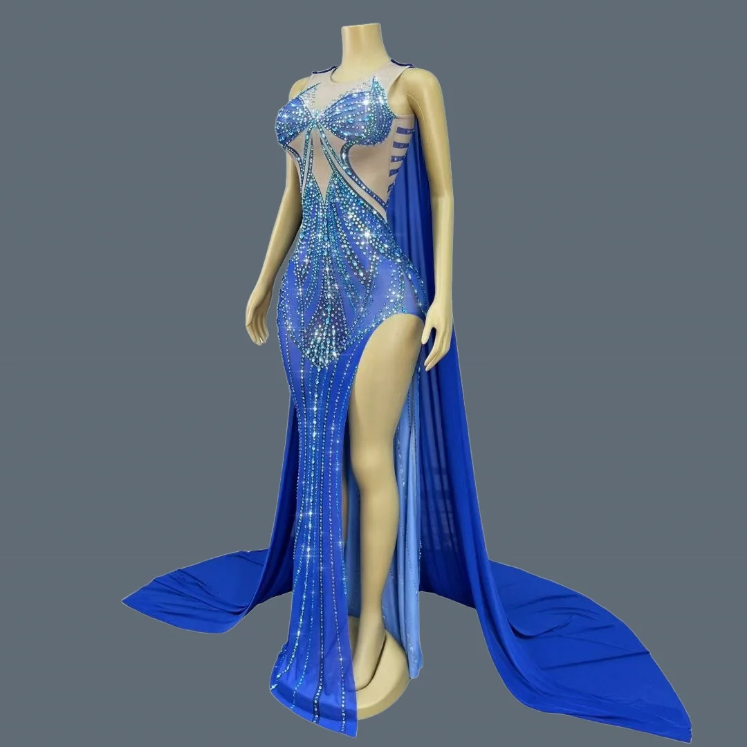 

Blue Theme Party Queen Evening Gown Sparkly Crystals Luxury High Side Slits Long Dress Gala Prom Red Carpet Dresses Lanjingling