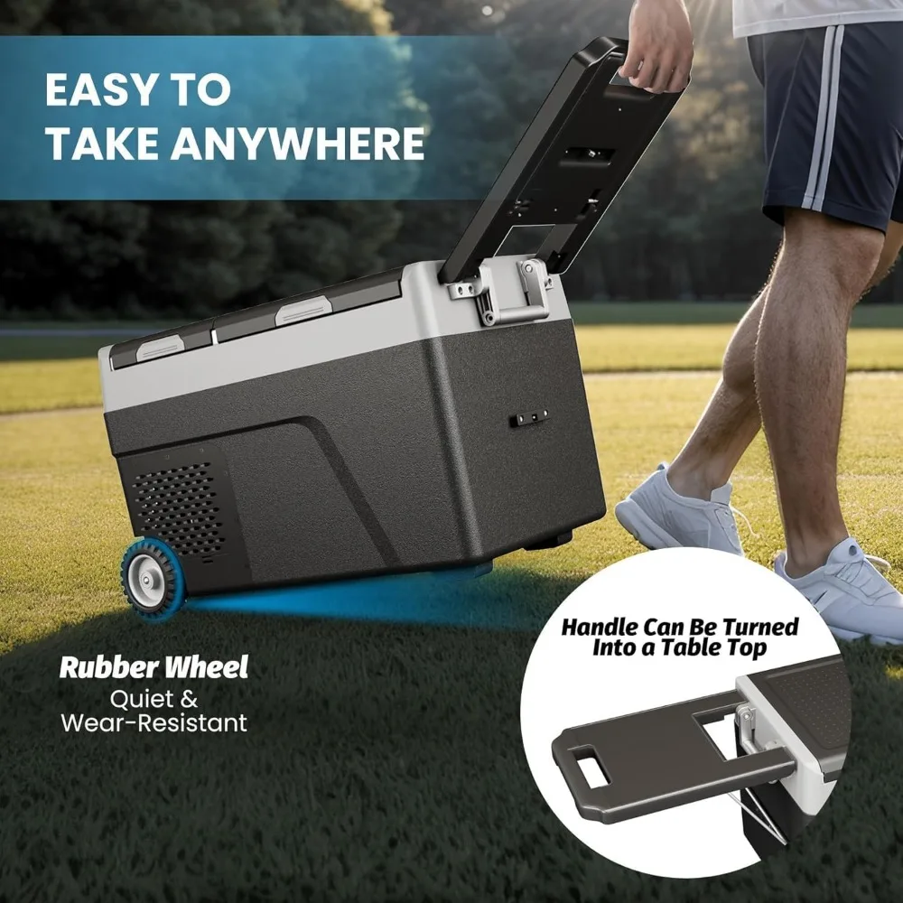 ثلاجة سيارة محمولة سعة 38 لترًا بعجلات، 12/24 فولت تيار مستمر و110-240 فولت تيار متردد، مبرد كهربائي للسيارات، نطاق درجة الحرارة -4 ℉   إلى 68 ℉